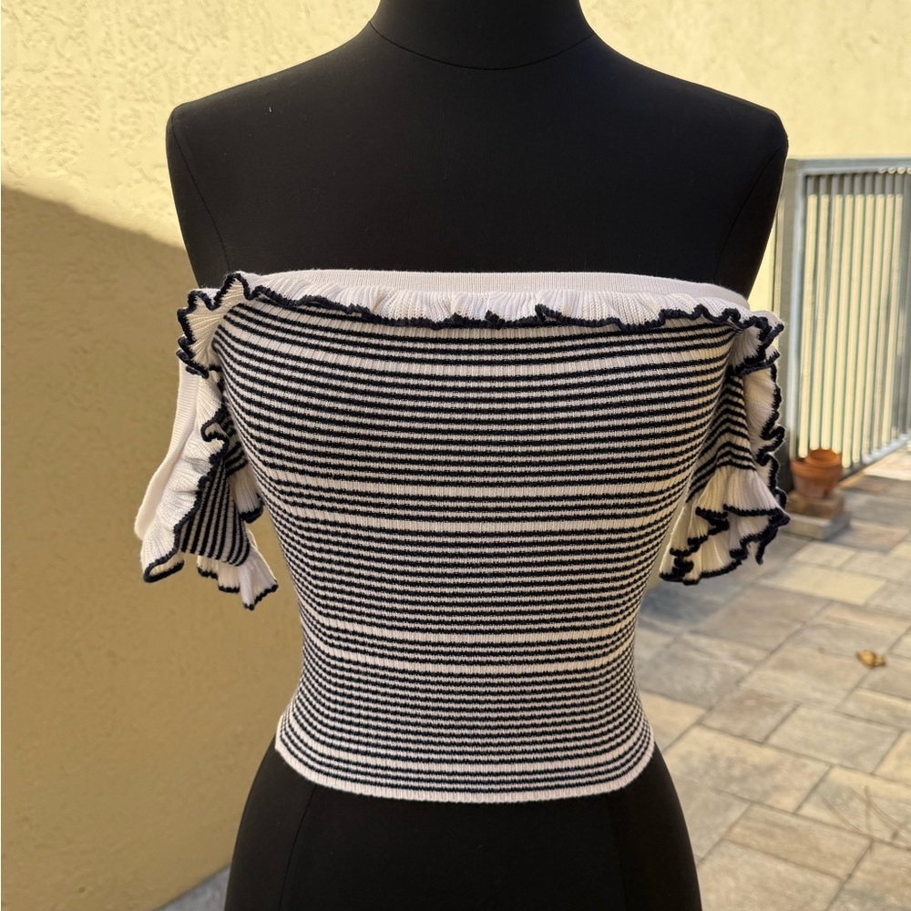 GUESS Blue + White Striped Aimee Off Shoulder Knit Sweater Top Sz XS $60